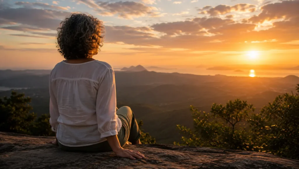 Pessoa madura observando o horizonte simbolizando evolução pessoal e novos capítulos da vida
