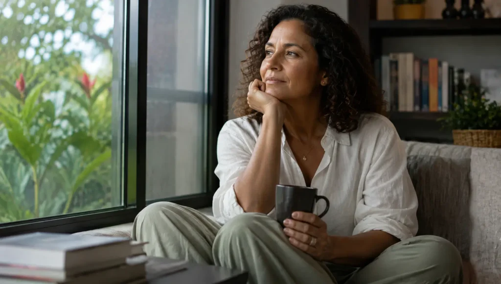 Mulher brasileira refletindo sobre identidade e escolhas durante a fase dos 40 anos