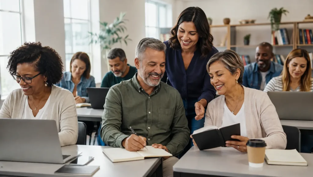 Grupo diverso de adultos aprendendo juntos em um ambiente educacional