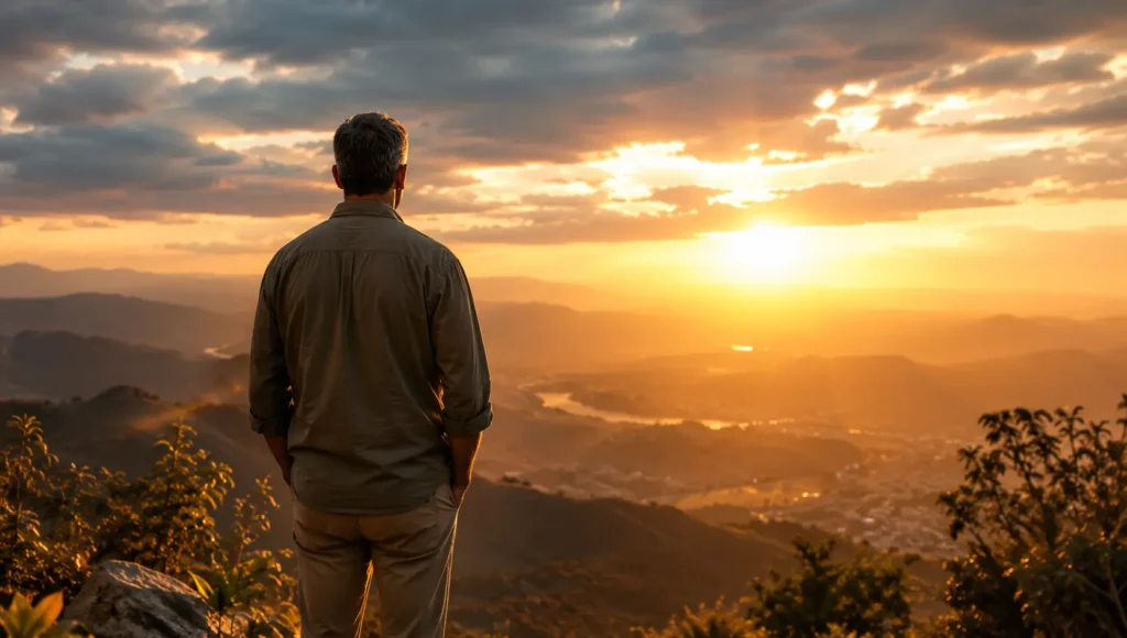 Pessoa brasileira madura olhando o horizonte representando novos começos após os 40 anos