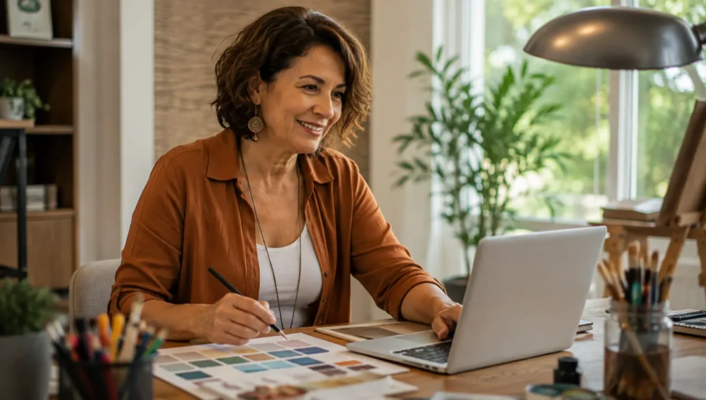 Mulher madura aprendendo uma nova habilidade e criando novos projetos pessoais