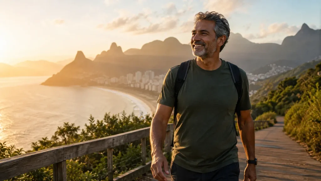 Pessoa madura caminhando ao ar livre representando novos capítulos da vida