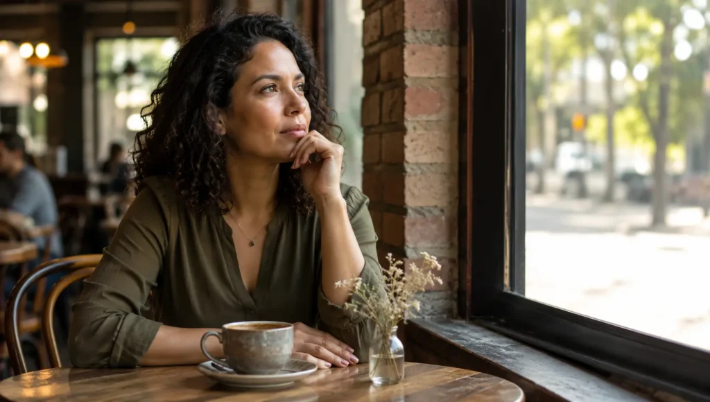 Mulher brasileira refletindo sobre escolhas e novas possibilidades antes dos 40 anos