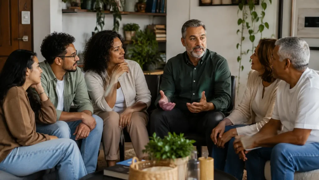 Família conversando e fortalecendo relacionamentos em diferentes fases da vida