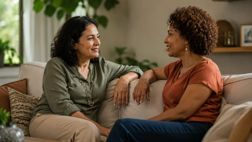 Pessoas adultas conversando e fortalecendo conexões emocionais durante a segunda metade da vida