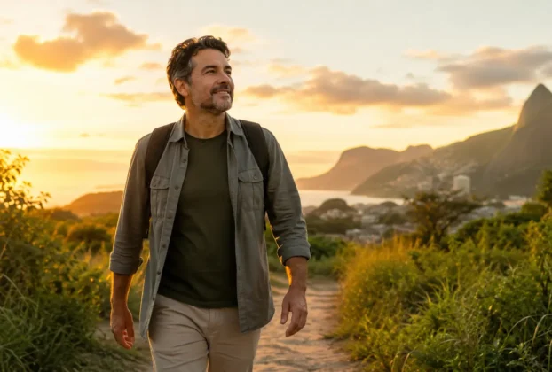 Pessoa madura caminhando em direção ao horizonte representando uma nova fase da vida com propósito e novos caminhos