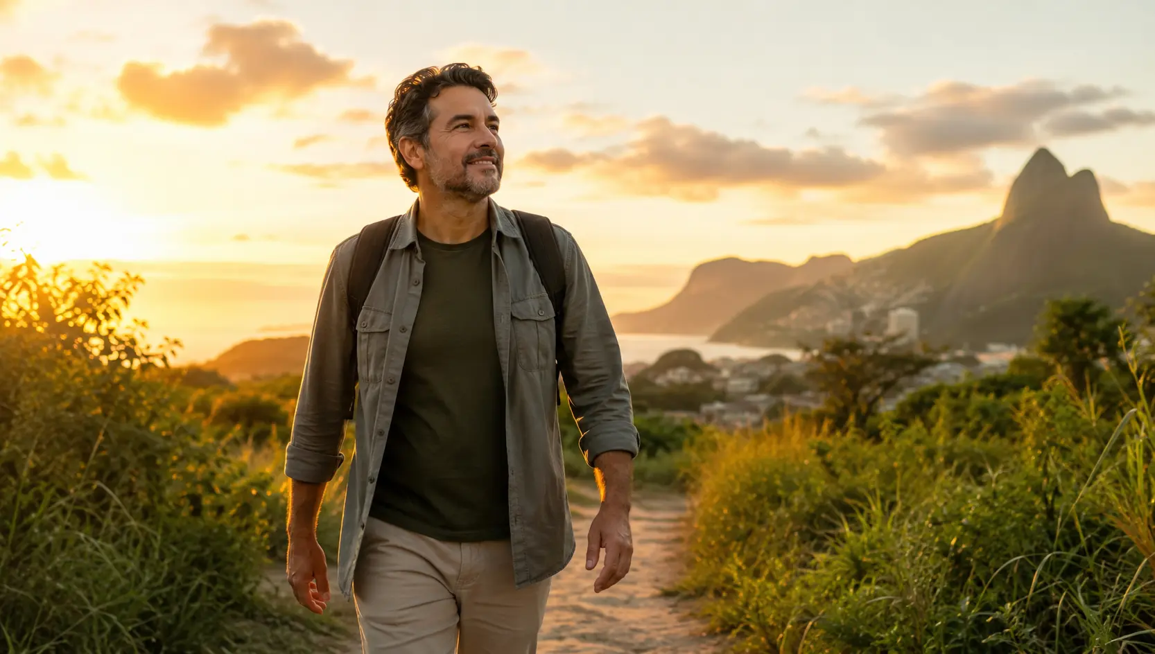 Pessoa madura caminhando em direção ao horizonte representando uma nova fase da vida com propósito e novos caminhos
