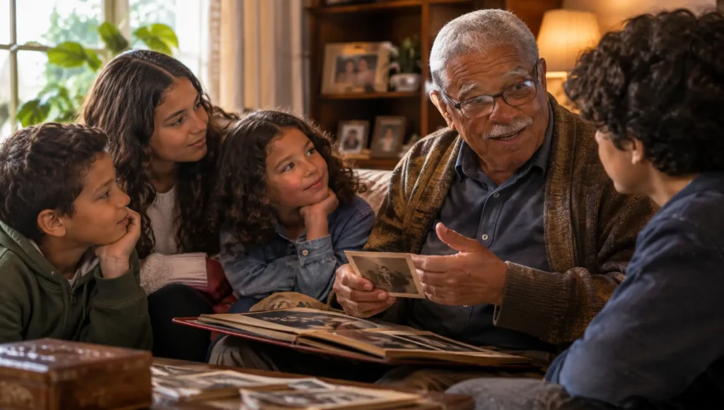 Avós compartilhando histórias familiares com seus netos