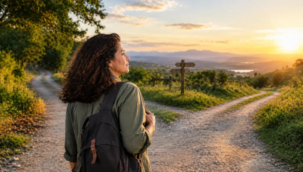 sentir que perdeu tempo na vida - Pessoa madura caminhando em um ambiente natural representando escolhas e novos caminhos na vida