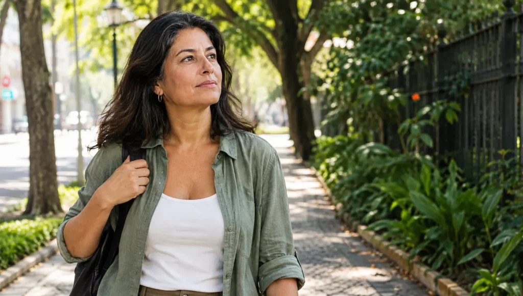 descobrir o que você quer da vida depois dos 40 - Pessoa olhando pela janela ou caminhando sozinha em ambiente tranquilo, representando reflexão e revisão da própria trajetória.