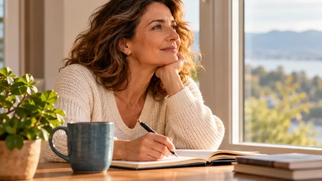 Mulher madura escrevendo em um caderno enquanto reflete sobre suas prioridades e objetivos pessoais