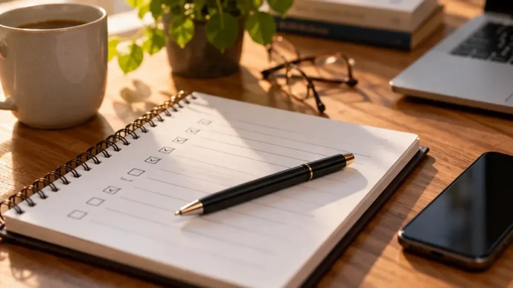 o que é desenvolvimento pessoal, Caderno de planejamento aberto com lista de atividades, caneta, computador e xicara sobre uma mesa
