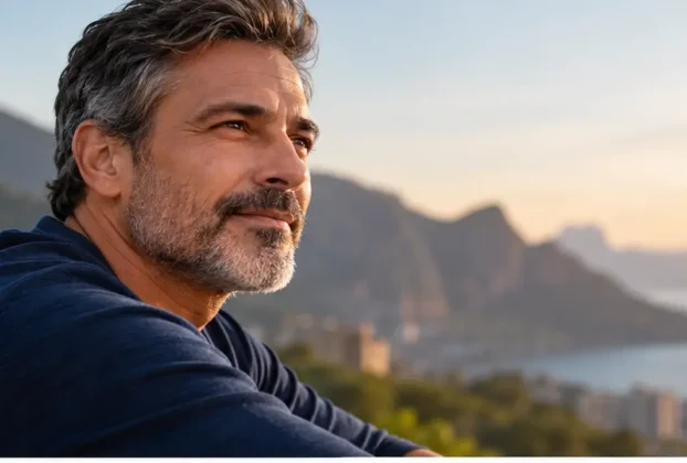 Homem maduro contemplando a paisagem, representando saúde masculina e envelhecimento após os 40 anos