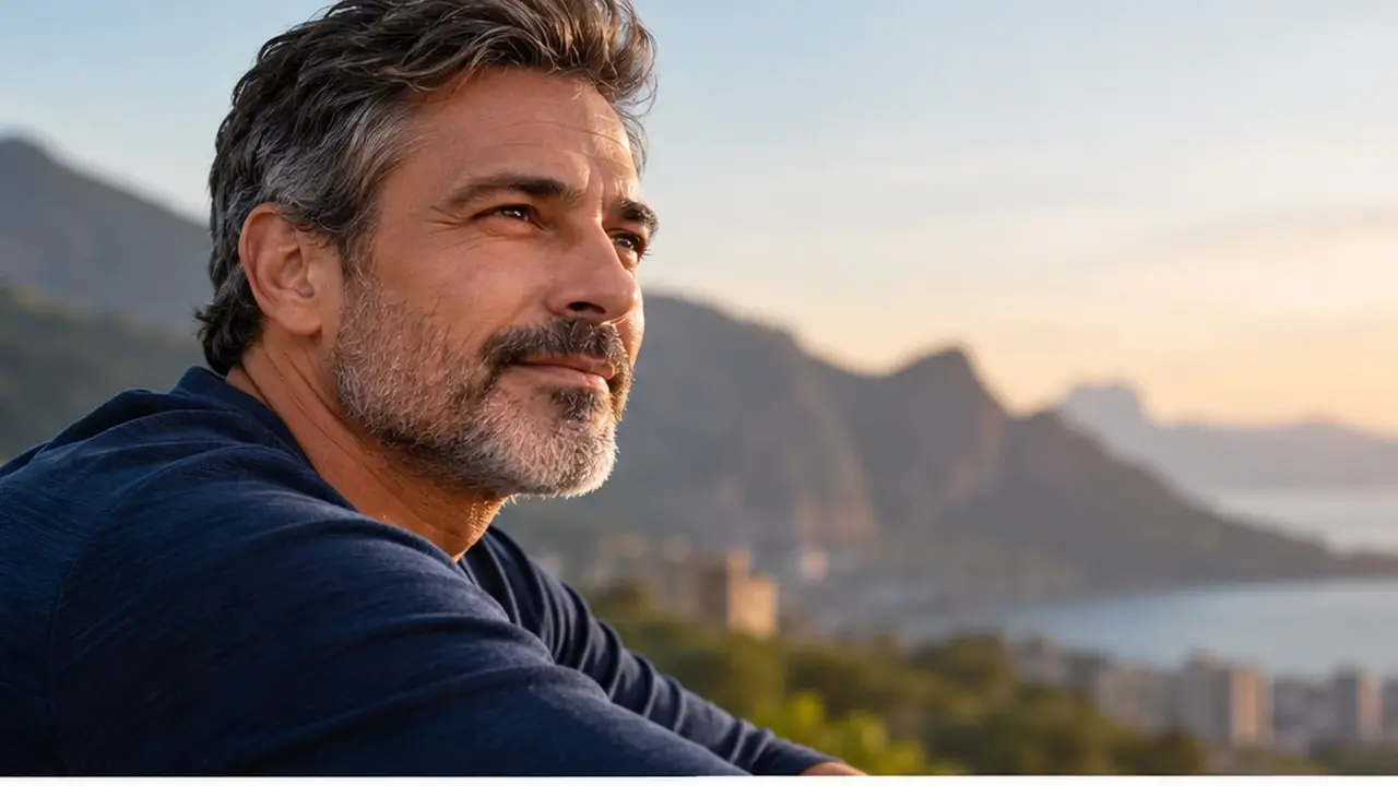 Homem maduro contemplando a paisagem, representando saúde masculina e envelhecimento após os 40 anos