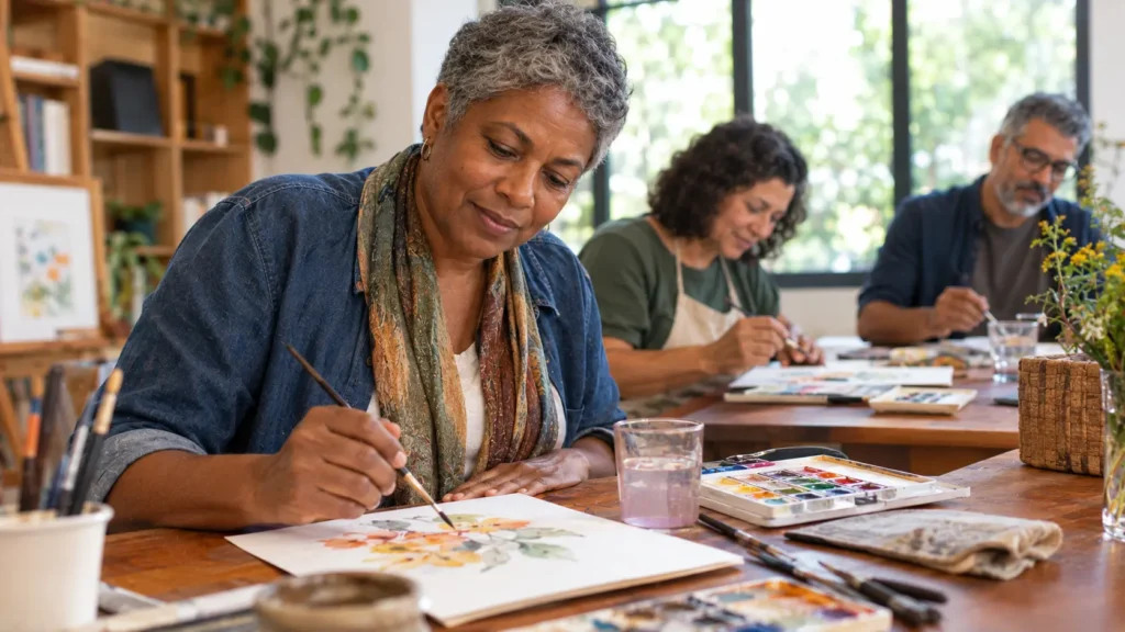 crescer depois dos 40, mulher madura aprendendo pintura em aquarela durante uma oficina de arte