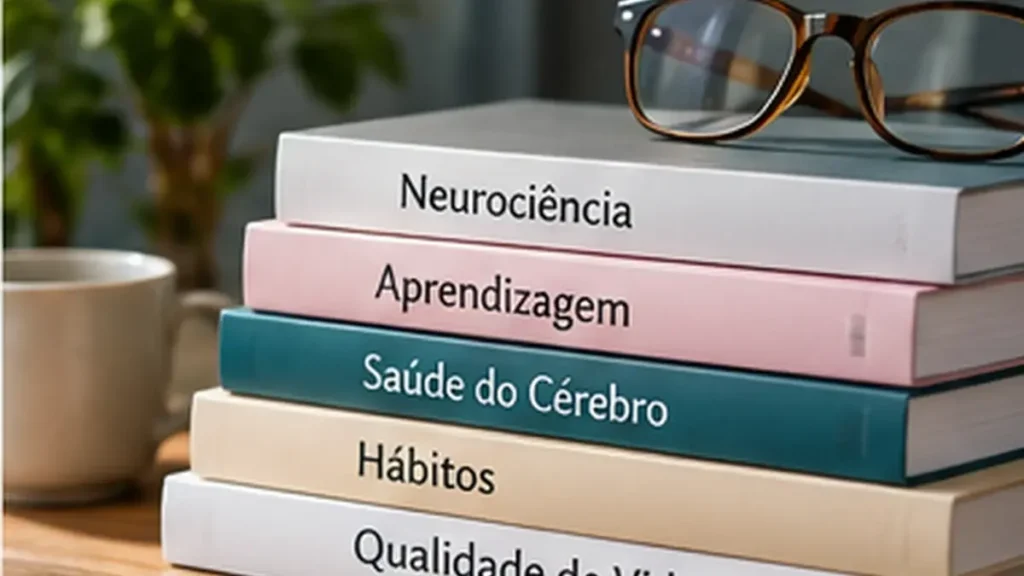 Pilha de livros sobre aprendizagem e saúde cognitiva ao lado de óculos de leitura