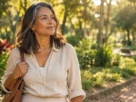 Mulher madura caminhando por um parque arborizado em uma manhã tranquila