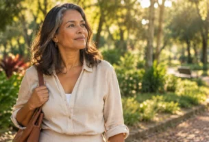 Mulher madura caminhando por um parque arborizado em uma manhã tranquila