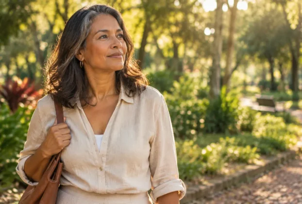 Mulher madura caminhando por um parque arborizado em uma manhã tranquila