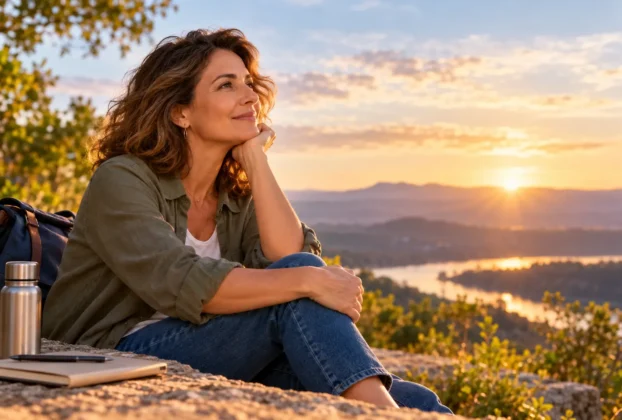Mulher madura refletindo sobre escolhas e novos projetos de desenvolvimento pessoal depois dos 40, em uma paisagem ao pôr do sol