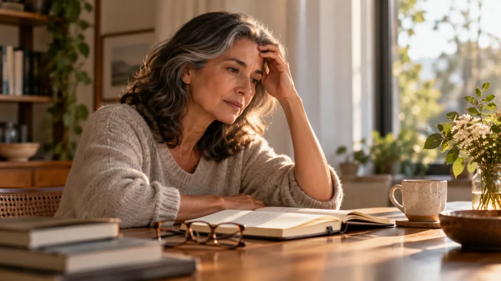 Mulher em momento de introspecção mostrando como o luto pode afetar a vida cotidiana