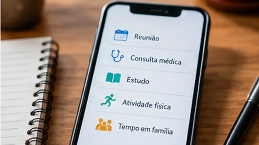 Memória depois dos 40, Celular com lembretes organizados sobre uma mesa, ao lado de um caderno e uma caneta