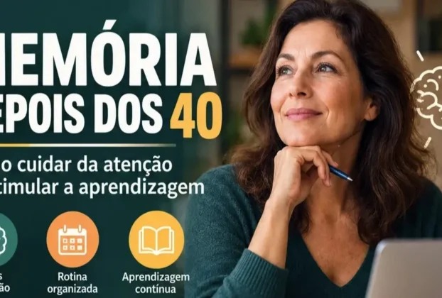 Perfil de uma mulher com ilustração luminosa do cérebro, representando os processos de atenção e memória depois dos 40