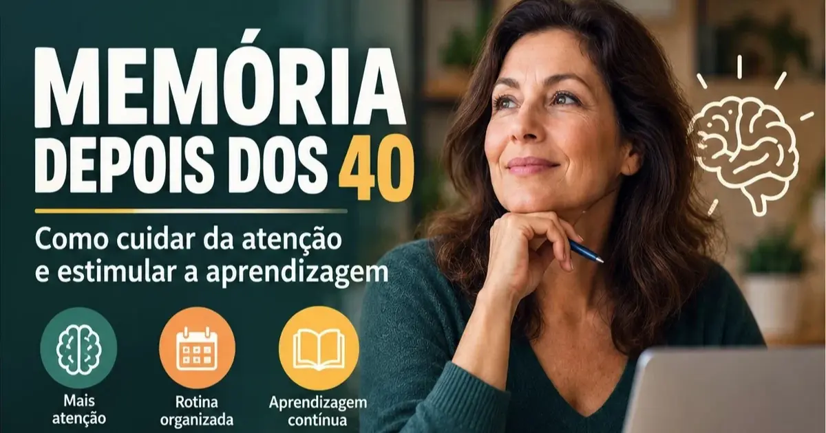 Perfil de uma mulher com ilustração luminosa do cérebro, representando os processos de atenção e memória depois dos 40