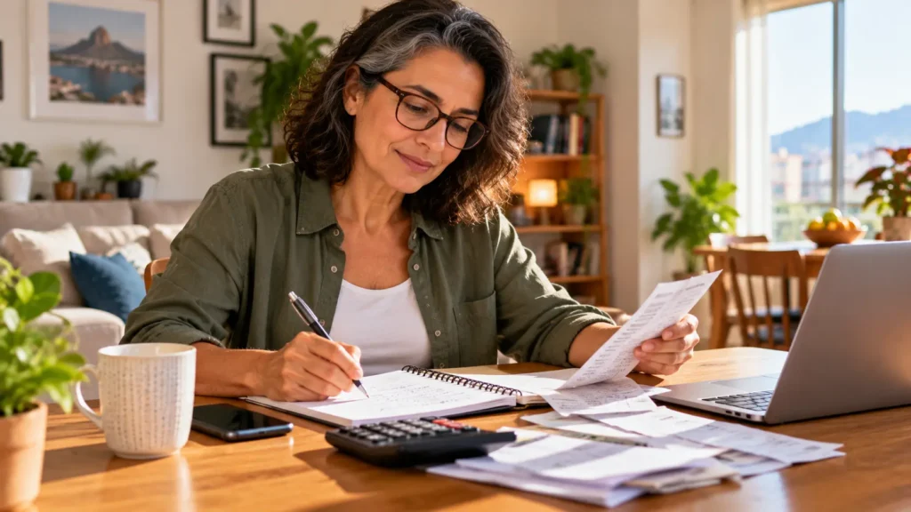 Mulher madura organizando despesas domésticas com caderno, calculadora e computador
