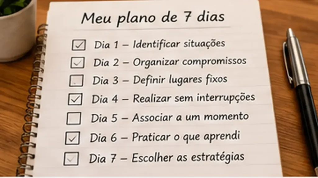 Caderno aberto com lista organizada de atividades para os sete dias da semana