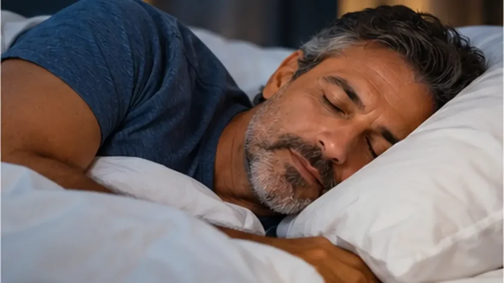andropausa existe? Homem de meia-idade dormindo tranquilamente, ilustrando a importância do sono para a saúde.