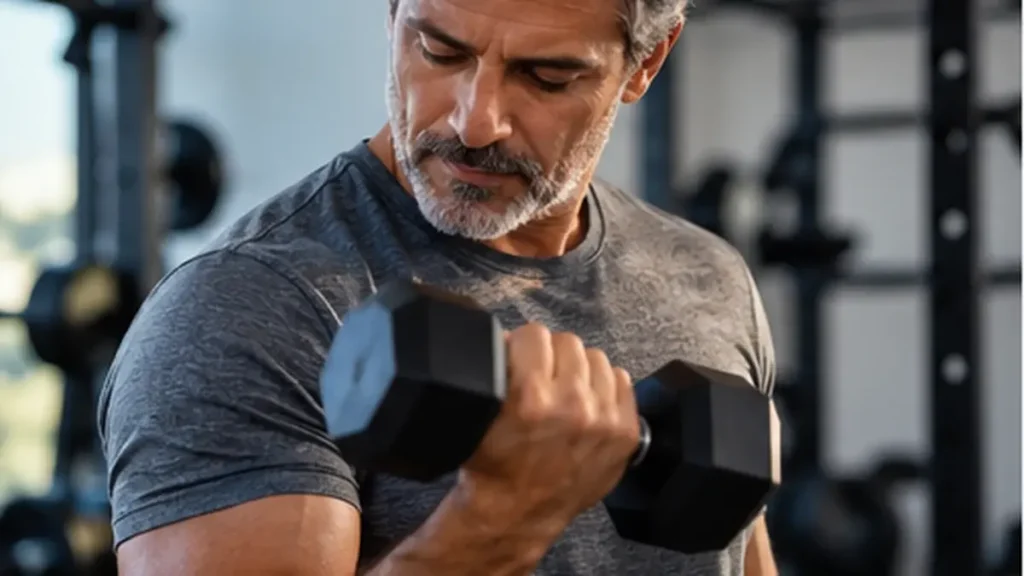 Homem maduro praticando exercícios de fortalecimento muscular com halter