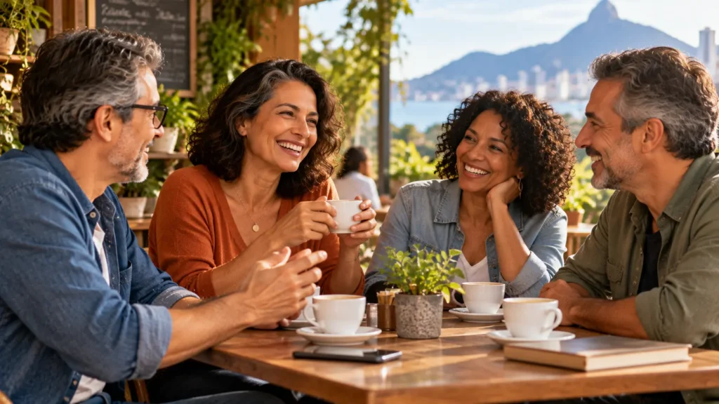 Grupo de amigos maduros conversando em um café e compartilhando um momento de convivência